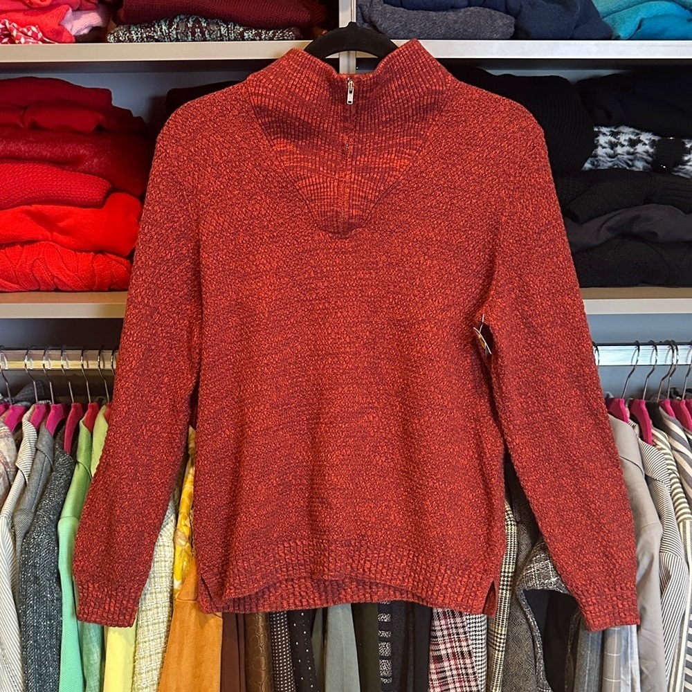 Lands’ End red/navy heathered mock neck 1/4 zip long sleeve sweater size SP NWT